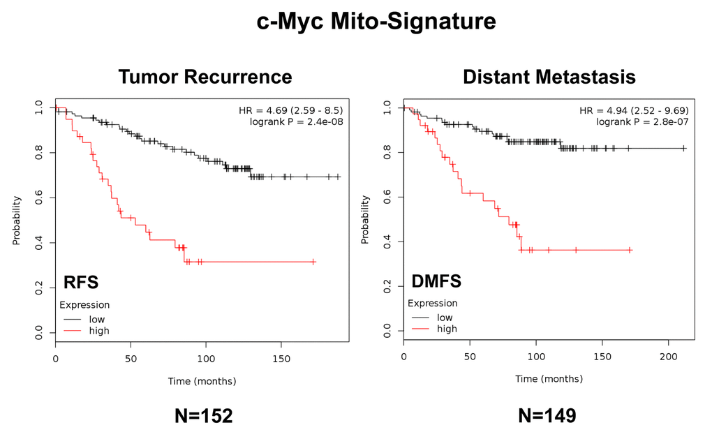 A short c-Myc-related mitochondrial signature predicts poor clinical outcome in high-risk ER(+) breast cancer patients. Note that this short 3-gene signature (HSPD1/COX5B/TIMM44) effectively predicts tumor recurrence and distant metastasis in ER(+)/LN(+)/luminal A patients treated with tamoxifen therapy, indicative of treatment failure and tamoxifen-resistance. RFS, recurrence-free survival; DMFS, distant metastasis-free survival.