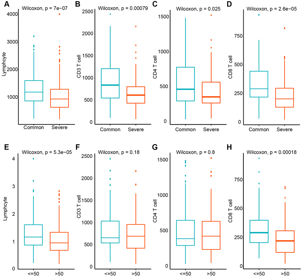 The quantification of total lymphocytes, CD3+, CD4+ and CD8+ T lymphocytes from peripheral blood from COVID-19 patients by flow cytometry. (A–D) Count variation between common and severe type disease. (E–H) Count variation between different age groups.