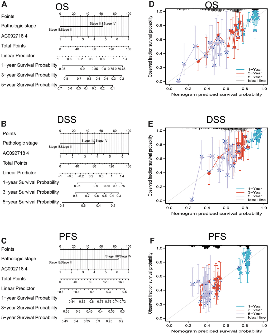 Construction and evaluation of nomogram. Nomogram to predict (A) overall survival, (B) disease-specific survival, and (C) progression-free survival of lung cancer patients The calibration curve and Hosmer–Lemeshow test of nomograms in the TCGA- lung adenocarcinoma cohort for (D) overall survival, (E) disease-specific survival and (F) progression-free survival.