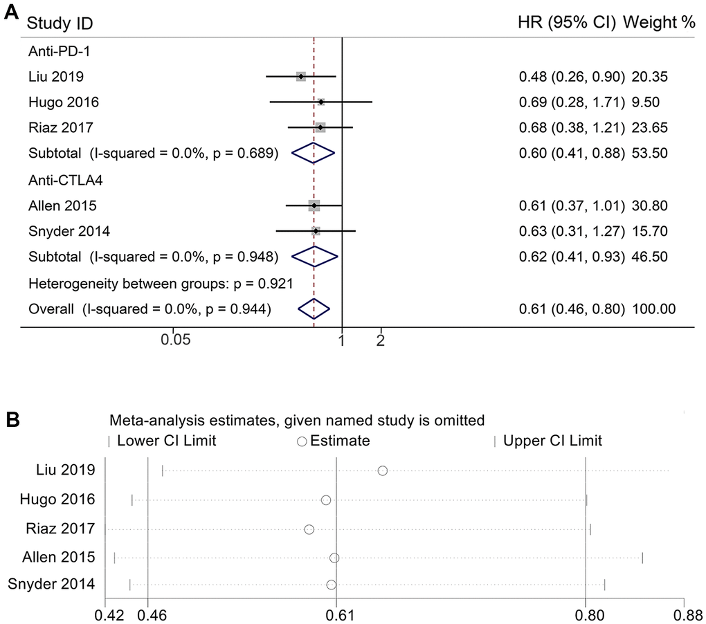 Meta-analysis of HYDIN mutations and overall survival. (A) Forest plot of the relationship between HYDIN mutations and overall survival in melanoma. (B) Sensitivity analysis of overall survival. HR, Hazard ratio; CL, Confidence interval; anti-CTLA4, anti-cytotoxic T-lymphocyte associated protein 4; Anti-PD-1, anti-programmed cell death protein 1.