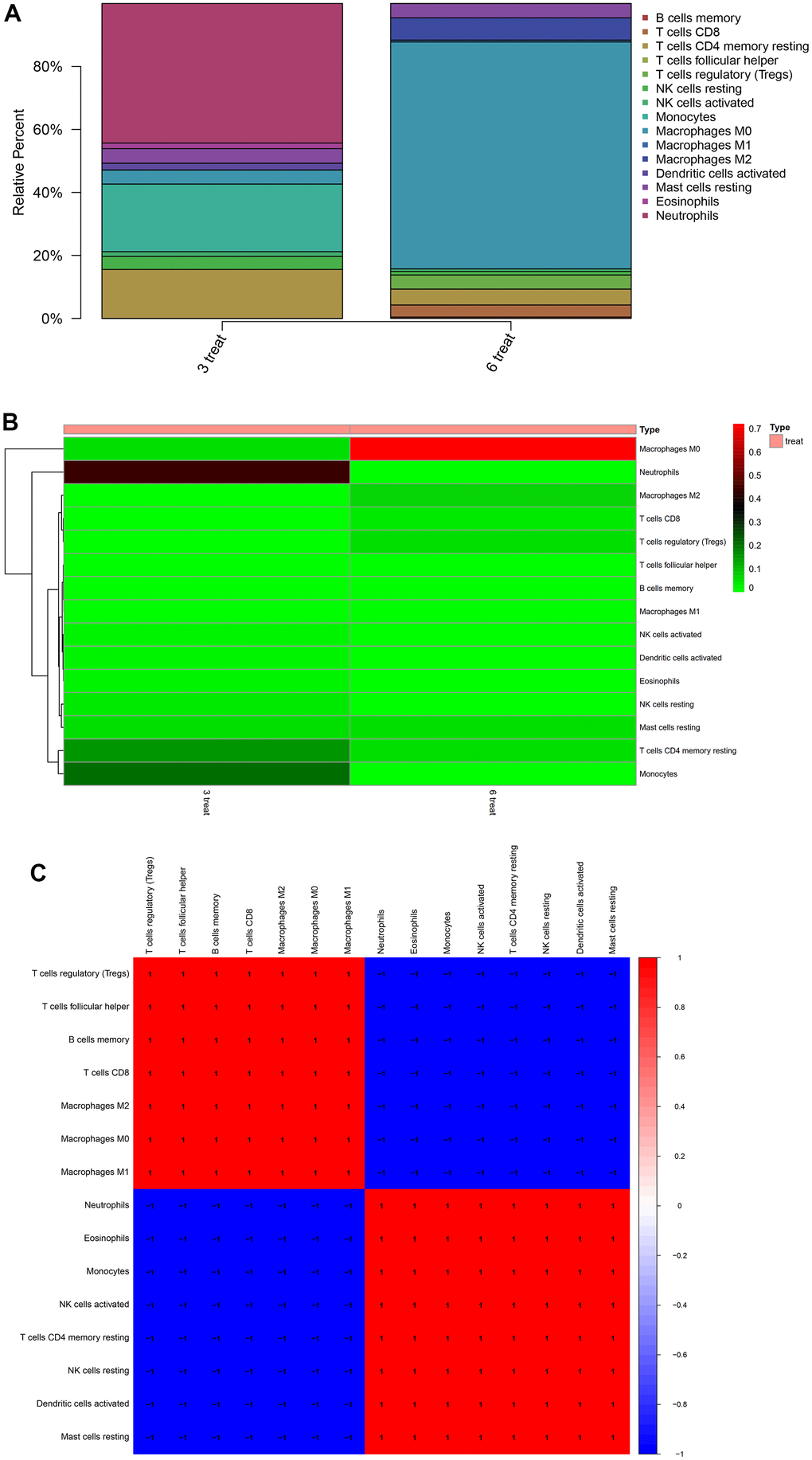 Immune infiltration analysis. (A) Obtained the proportion results of immune cells from the full gene expression matrix (B) the immune cell expression Heatmap in the dataset (C) performed the correlation analysis on infiltrated immune cells, resulting in a plot of co expression patterns among immune cell components.
