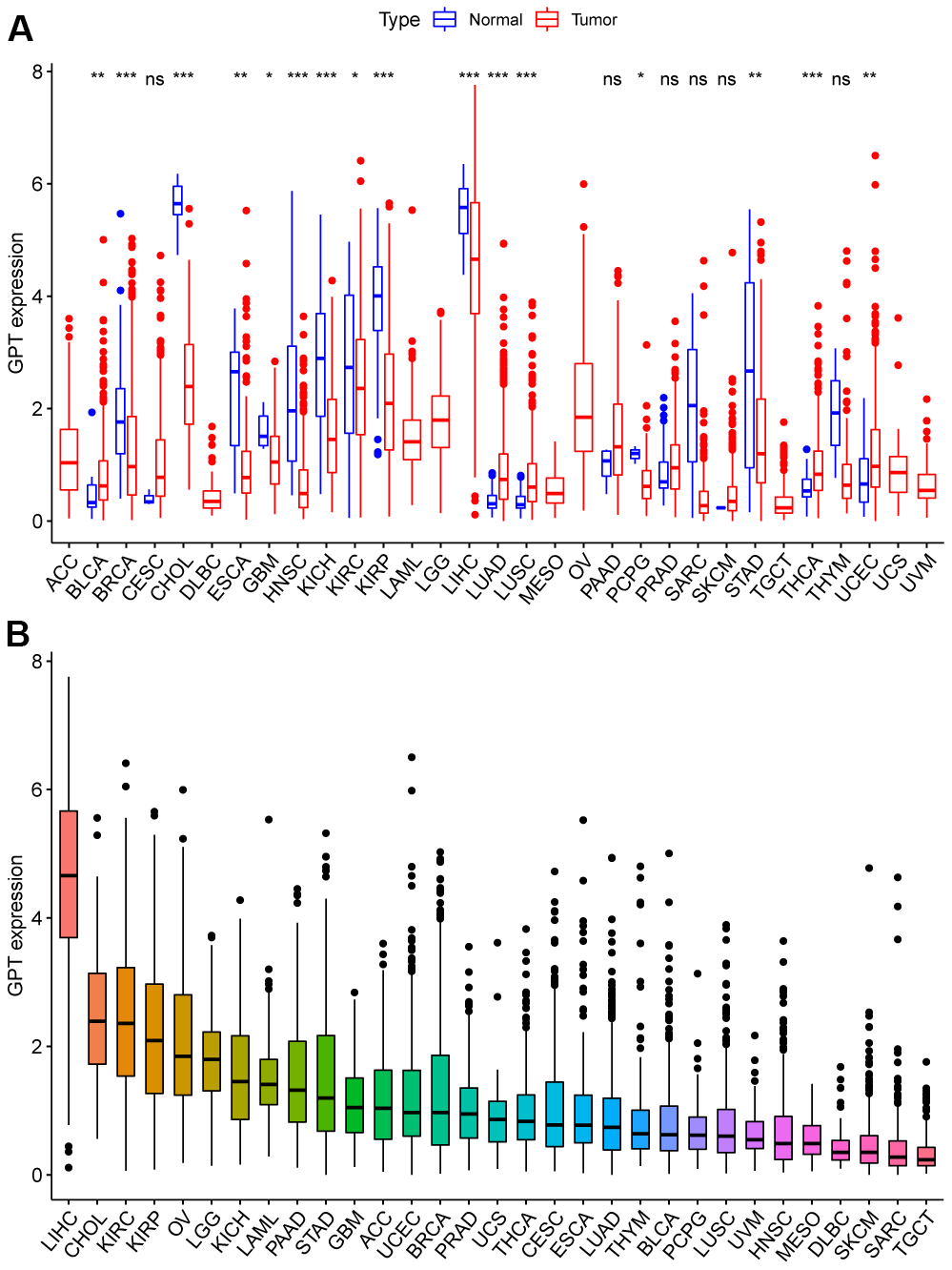 GPT expression patterns in pancancer. (A) Different expression of GPT in pancancer. (B) Ranking map of GPT expression in tumor tissues (from high to low).
