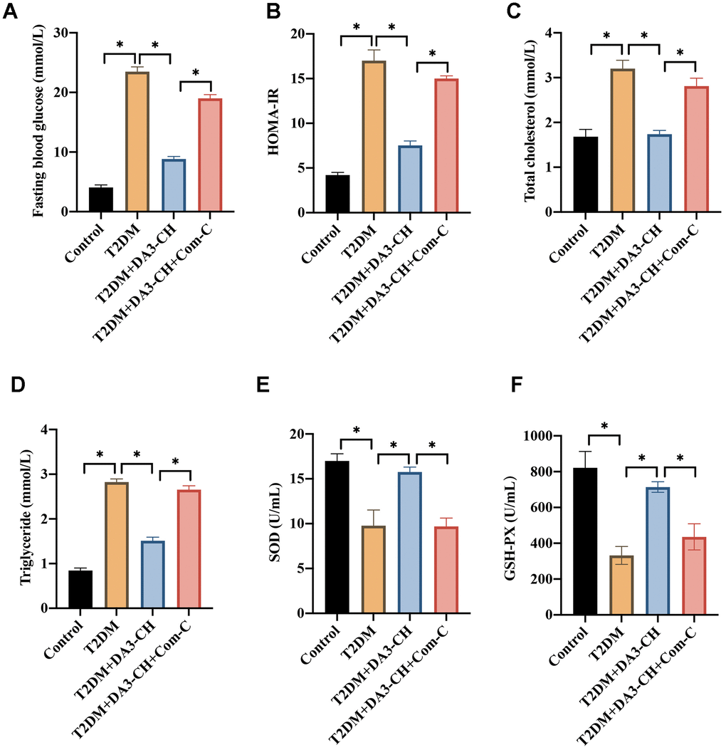 Inactivation of AMPK/ACC signaling pathway by Com-C significantly reversed the influence of DA3-CH on fat levels and oxidative stress condition. (A) The level of fasting blood glucose was measured; (B) The HOMA-IR was analyzed; (C) The total cholesterol level in the serum was measured; (D) The triglyceride level in the serum was measured; (E) The SOD level in the serum was measured; (F) The GSH-PX level in the serum was measured. * means p 