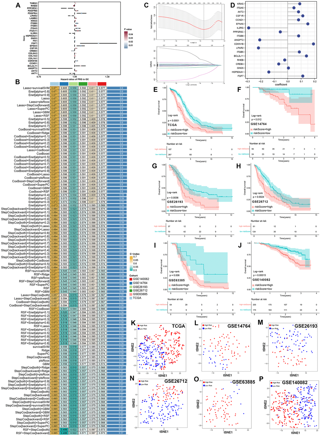 Integrative machine learning analysis constructed a prognostic PI3K/Akt pathway related signature. (A) Potential biomarker identified by univariate cox analysis. (B) The C-index of 101 kinds prognostic models constructed by 10 machine learning algorithms in training and testing cohort. (C) The determination of the optimal λ was obtained when the partial likelihood deviance reached the minimum value, and further generated Lasso coefficients of the most useful prognostic genes. (D) Coefficients of 19 genes finally obtained in survivalSVM regression. The survival curve of ovarian cancer with high and low risk score in TCGA (E), GSE14764 (F), GSE26193 (G), GSE26172 (H), GSE63885 (I) and GSE140082 (J) cohort. Cluster analysis of ovarian cancer cases with high and low risk score in TCGA (K), GSE14764 (L) GSE26193 (M), GSE26172 (N), GSE63885(O) and GSE140082 (P) cohort by using tSNE method.