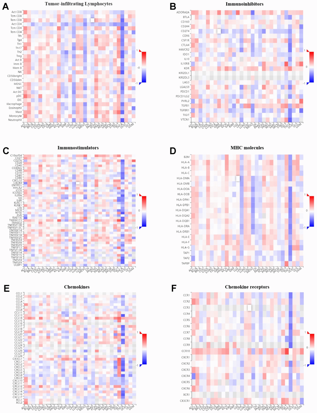 Correlation of GPER1 with TILs and immunoregulation-related genes in pan-cancers. Correlations between GPER1 and (A) TILs, (B) immunoinhibitors, (C) immunostimulators, (D) MHC molecules, (E) Chemokines, (F) Chemokine receptors.