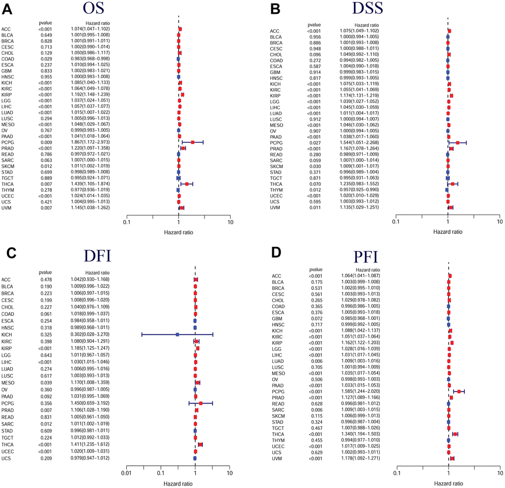 Forest plots of in pan-cancer from the TCGA database. (A) Relationship between TPX2 expression and OS; (B) Relationship between TPX2 expression and DSS; (C) Relationship between TPX2 expression and DFI; (D) Relationship between TPX2 expression and PFI. p-value 