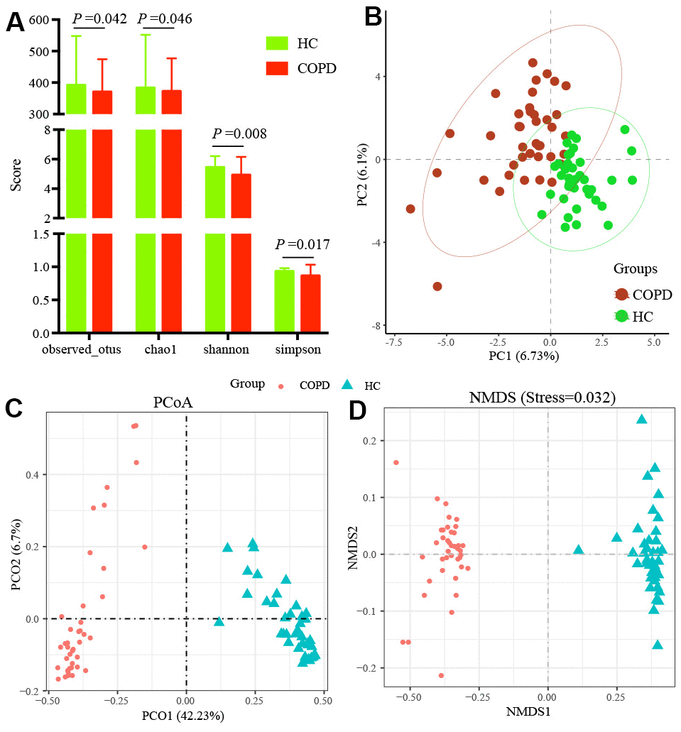 The α and β diversity assessment of gut microbiota. (A) The α diversity was evaluated by observed OTUs, Chao1, Shannon and Simpson indexes. The β diversity was evaluated by (B) PCA, (C) PCoA and (D) NMDS. H: healthy controls; COPD: Chronic obstructive pulmonary disease; PCA: Principal Component Analysis; PCoA; Principal coordinate analysis; NMDS: Non-metric multidimensional scaling.