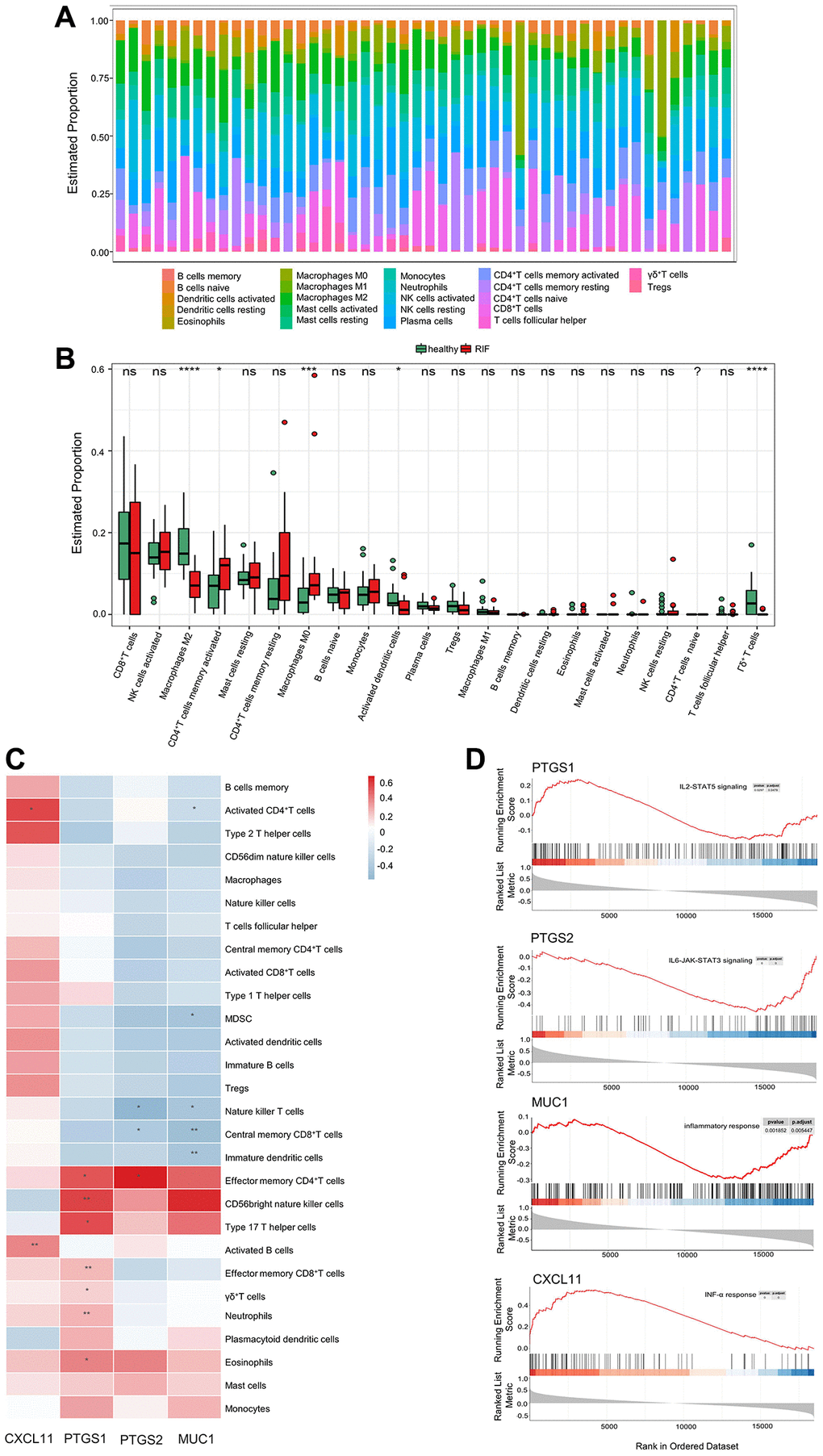 Endometrial immune characteristics of RIF patients. (A) The landscape of infiltrating immune cells in endometrial tissues of RIF patients and fertile controls. (B) The proportion of 22 types of immune cells between RIF patients and fertile controls. (C) The associations of selected hub genes and infiltrating immune cells. (D) GSEA of selected hub genes in RIF samples. *P **P ***P ***P 