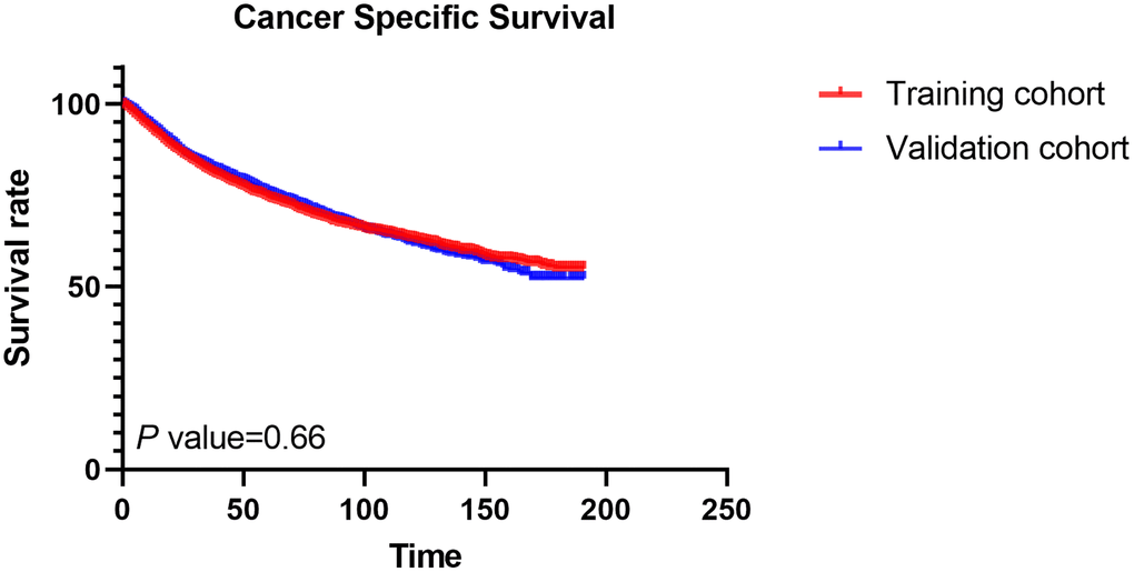 The cancer-specific survival rates in the training cohort and the validation cohort.