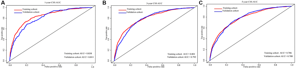 AUC for predicting 1-, 3-, and 5-year CSS in the training cohort and the validation cohort (A–C).