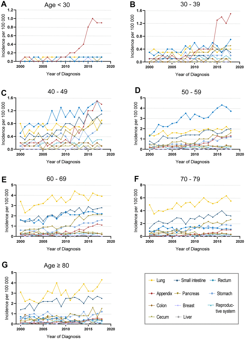 Incidence of female neuroendocrine neoplasms (fNENs) patients with different sites in various age groups. The incidence of fNENs by site in patients younger than 30 years old (A), between 30-39 years old (B), between 40-49 years old (C), between 50-59 years old (D), between 60-69 years old (E), between 70-79 years old (F) and over 80 years old (G).