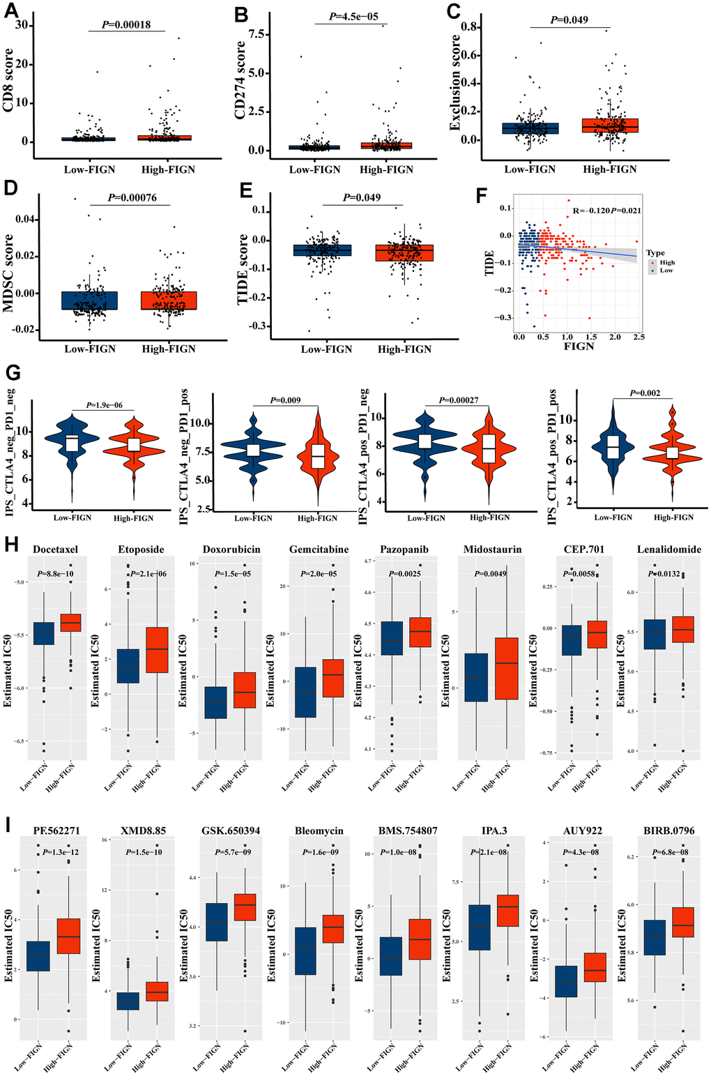 FIGN expression predicted the responsiveness of HCC to immunotherapy, chemotherapy, and potential small-molecule compounds. Box-plots show the differences in CD8 (A) and CD274 (B) score between the low- and high-FIGN expression groups. Box-plots show the differences in Exclusion score (C), MDSC score (D), and TIDE score (E) between the low- and high-FIGN expression groups. (F) Correlation between TIDE score and FIGN expression. (G) The association between IPS and the expression of FIGN based on TCIA database. (H) Relationships between FIGN expression and chemotherapeutic sensitivity of HCC. (I) Potential small-molecule compounds might function in HCC treatment. The two groups were compared using t-tests. *P P P 