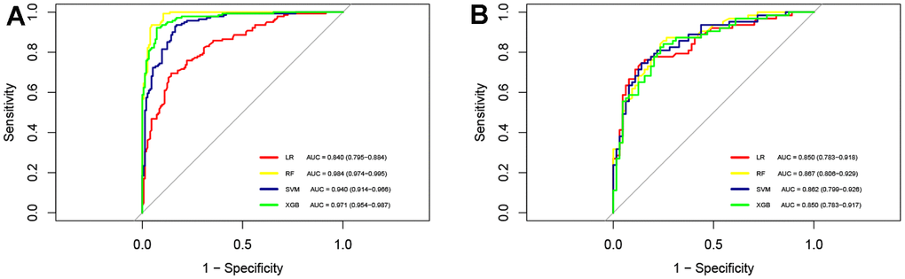 ROC curves for four machine learning models. (A) AUCs of four machine learning models in the training cohort; (B) AUCs of four machine learning models in the test cohort. ROC, receiver operating characteristic curve; AUC, area under the curve; LR, logistic regression; RF, random forest; SVM, support vector machine; XGB, extreme gradient boosting.