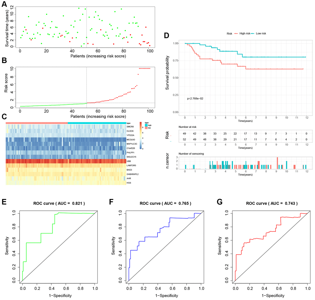 External validation of the novel LDCD-RGs related prognostic model in the test3 cohort. (A) KIRC patients were classified according to the median risk score. (B) Survival status and risk score distribution of KIRC patients. (C) The heatmap displays the expression levels of 14 hub LDCD-RGs between high and low-risk score subgroups. (D) Comparison of prognosis in high and low-risk groups of KIRC using Kaplan-Meier survival curve analysis. (E–G) The AUC values for the ROC curves corresponding to the 1-year, 3-year, and 5-year survival rates were computed at 0.821, 0.765, and 0.701, respectively. Abbreviations: LDCD-RGs: LDCD-related genes; KIRC: kidney renal clear cell carcinoma; AUC: Area Under the Curve; ROC: Receiver Operating Characteristic.