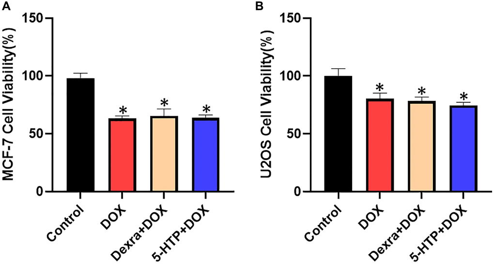 Cell viability of MCF-7 and U2OS cells with different DOX and 5-HTP treatments. (A) DOX-induced antineoplastic activities of 5-HTP in MCF-7 cells. (B) DOX-induced antineoplastic effects of 5-HTP in U2OS cells. *P #P 