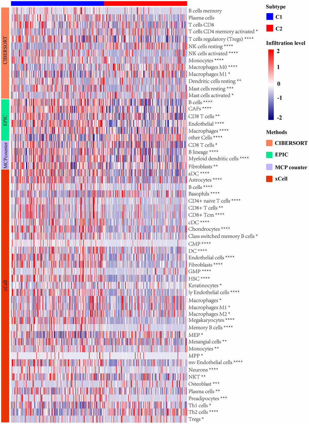 Analysis of immune landscape between two subtypes distinguished by UPR-related gene expression.