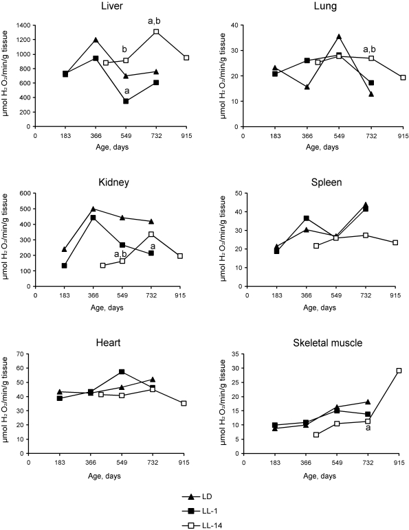 Effect of the exposure to various light regimens on age-related dynamics of the catalase activity in organs of rats