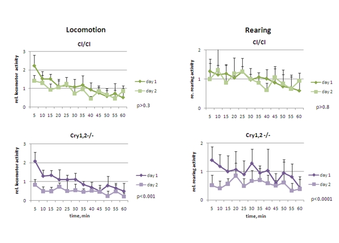 Open field analysis of exploratory activity and habituation of Clock/Clock and Cry1,2-/- mice