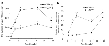 Age-related changes of the average area of RPE cells (a) and specific area of vessels with stasis and thrombosis (b) in the retinas' sections of OXYS and Wistar rats. *interstrain differences; ^differences in comparison with previous age; p