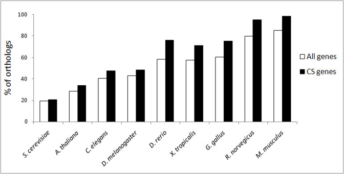 Evolutionary conservation of human CS genes. The difference between CS genes and all genes in InParanoid was significant for D. rerio (p = 0.0001), X. tropicalis (p = 0.003), G. gallus (p = 0.002), R. norvegicus (p = 0.006) and M. musculus (p = 0.02).