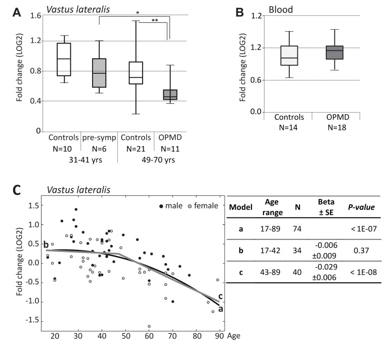 RT-qPCR analysis of PABPN1 expression trends in OPMD and during muscle aging