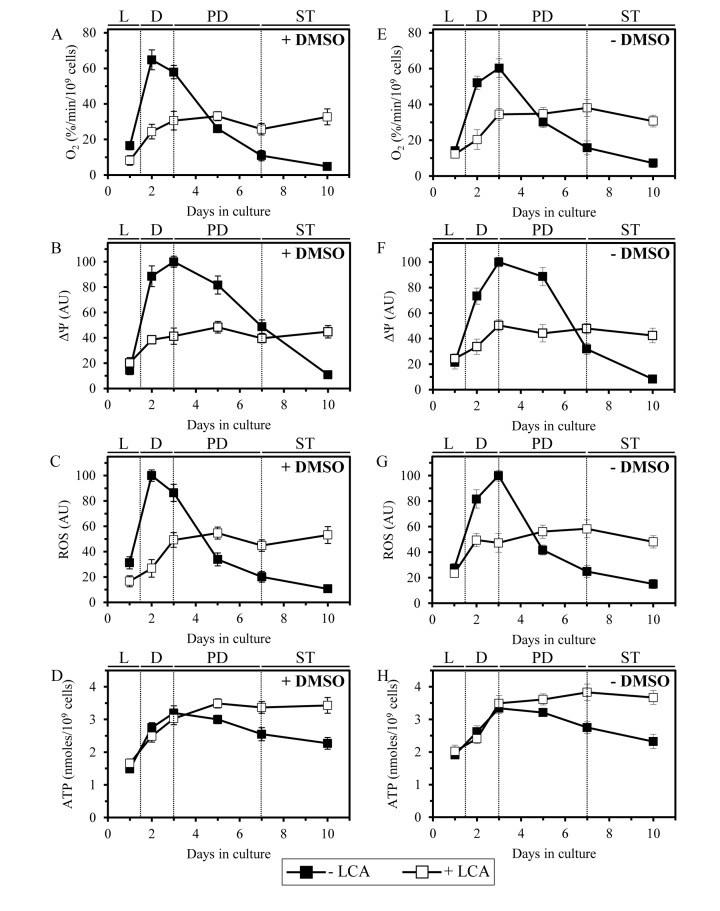 LCA alters the age-related chronology of four longevity-defining cellular processes confined to and regulated by mitochondria