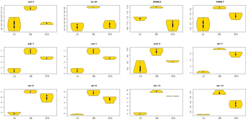 The violin plots of significantly associated genes in signaling pathways during aging