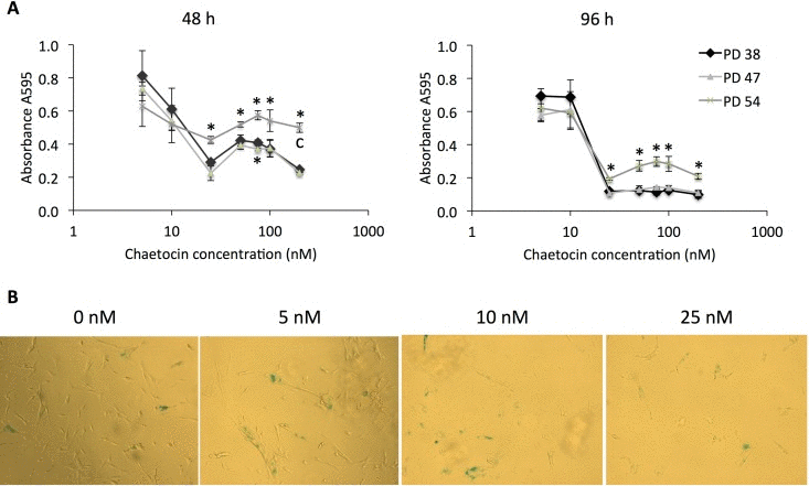 Chaetocin is more cytotoxic and induces senescence in low PD cultures