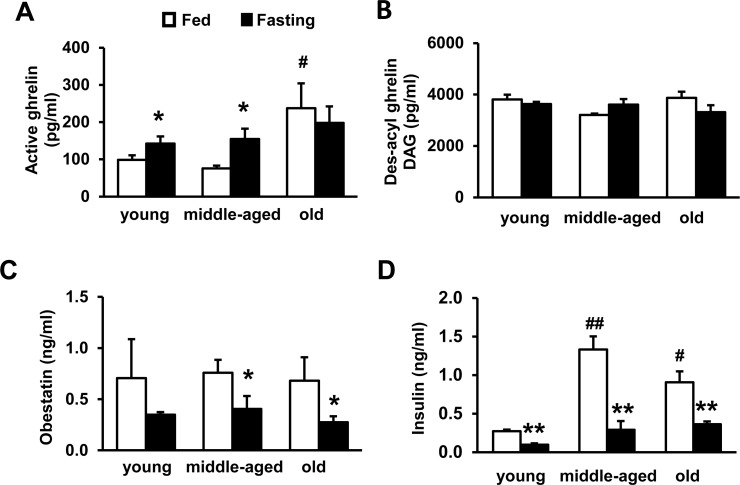 Plasma concentrations of active ghrelin, des-acylated ghrelin, and obestatin during aging
