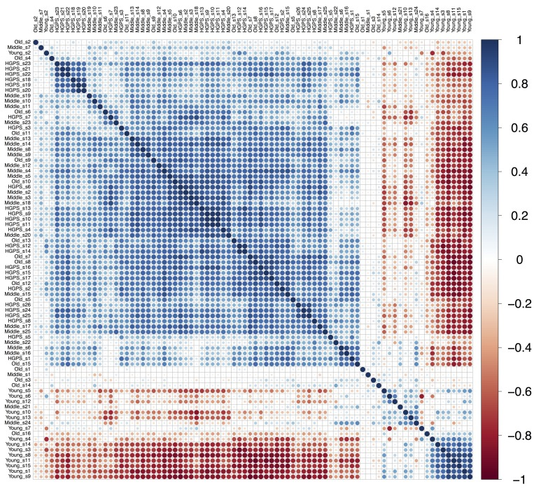 Pearson's correlation plot build for “Young”, “Middle”, “Old” and “HGPS” groups of fibroblasts. Samples from all datasets are combined and named according to the group they belong to. Scale bar colors indicate the sign and magnitude of Pearson's correlation coefficient between samples.