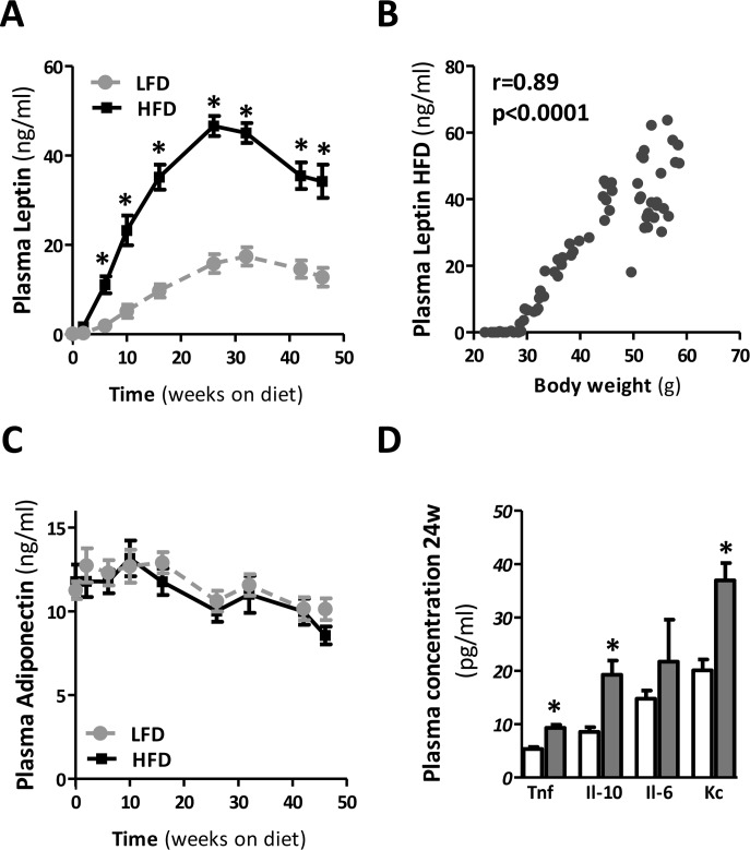 Plasma adipokine and cytokine levels during prolonged HFD in mice