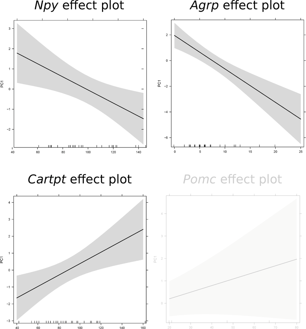 Prediction effect plots of the linear model with eigenvector values of principle component 1 (representing phenotypic responses) and gene expression levels of key hunger genes. A cut-off value of p-value 