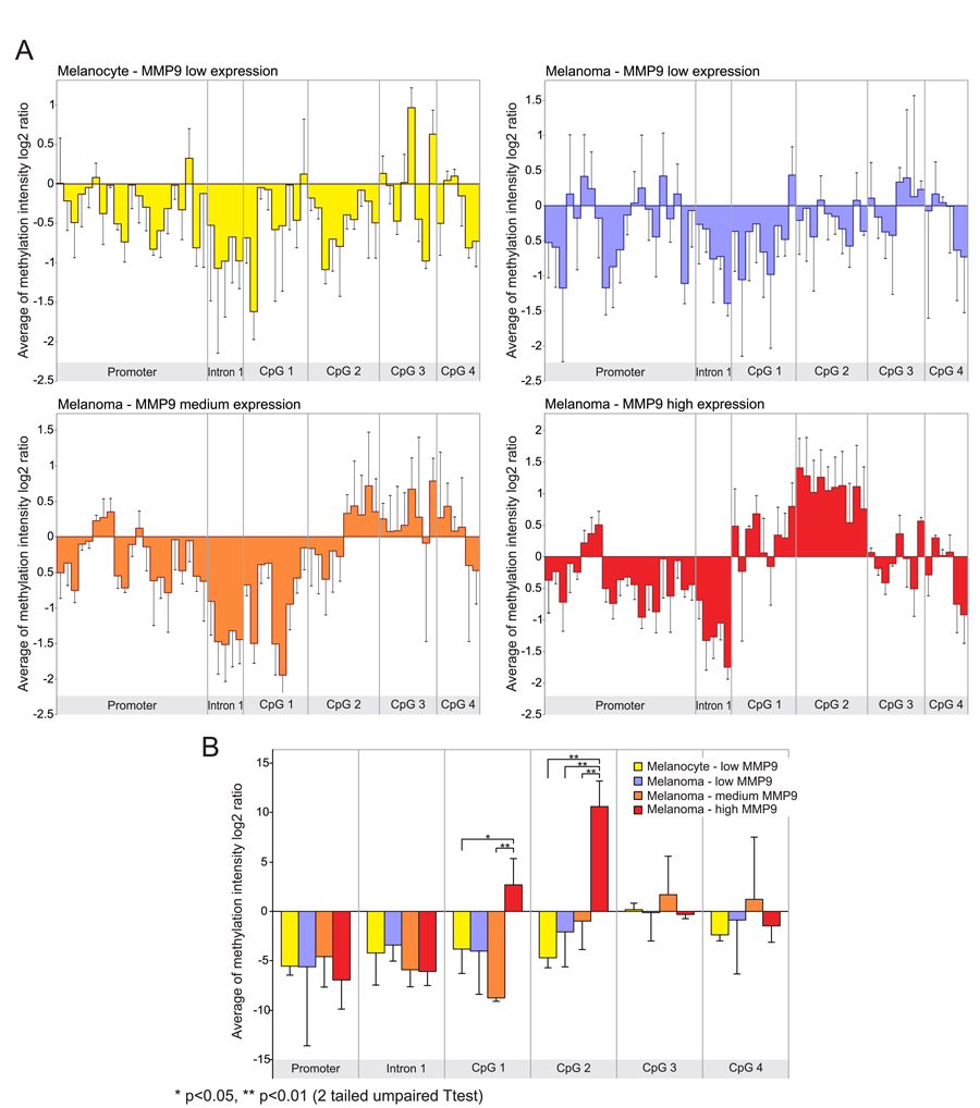 Differential analysis of MMP-9 expression and methylation status of MMP9 gene according to MMP-9 expression levels