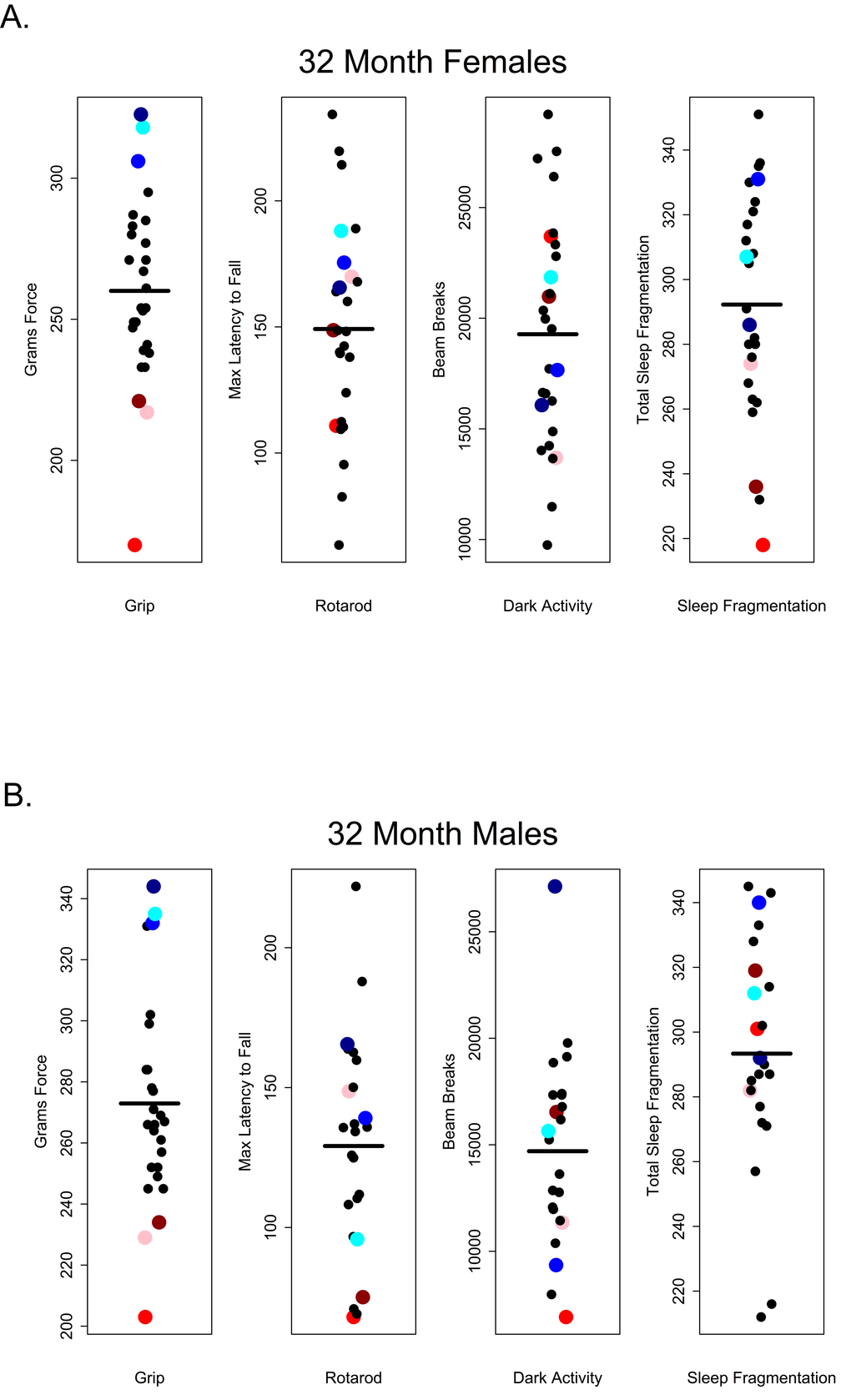 Grip strength does not predict rotarod performance, dark phase activity or sleep fragmentation in 32-month-old mice. Visual representation of the relative performance on four healthspan measures by 28-month-old mice. Mice performing best (blue symbols) and worst (red symbols) on the grip strength test, did not perform similarly on other measures of healthspan in females (A) and males (B). Correlations and p-values are in Tables 2 and 3.
