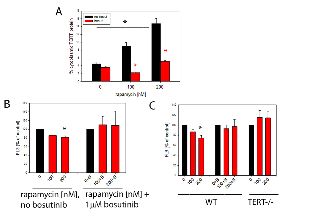 Rapamycin causes nuclear exclusion of TERT and reduces cellular ROS levels in a TERT-dependent fashion. (A) Extranuclear TERT levels (as fraction of total cellular anti-TERT immunofluorescence signal) in MCF-7 cells treated with the indicated concentrations of rapamycin. Bosutinib (1µM, red bars) was added to inhibit Src kinase. (*PB) Intracellular ROS levels (average DHR fluorescence intensity in flow cytometry, as percentage of untreated controls) in MCF-7 cells treated with rapamycin (concentrations indicated). B denotes additional treatment with 1 μM bosutinib. (* pC) Intracellular ROS levels in primary mouse ear fibroblasts from wild type (WT, left columns) and first generation TERT-/- (right columns) mice treated as in 5B. (2 way ANOVA, * p