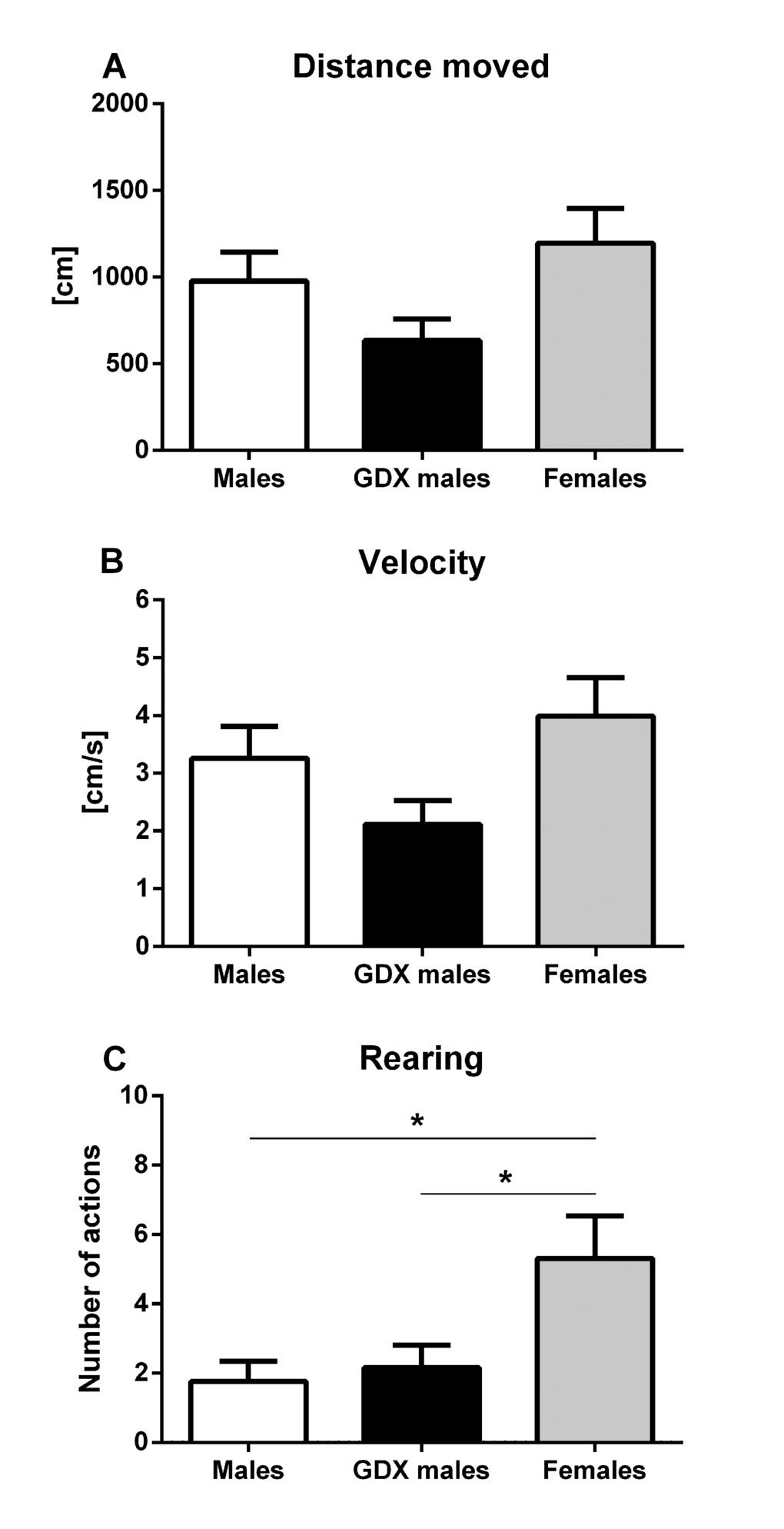 Locomotor activity of aged rats in the open field test. (A, B) Horizontal and (C) vertical locomotor activity for males (white bar), GDX males (black bar) and females (grey bar). There were no significant differences between groups in horizontal locomotor activity. Females had a significantly higher vertical locomotor activity compared to both male groups (p