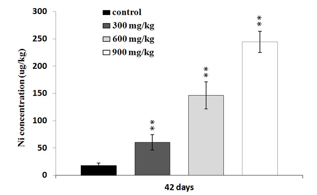 Changes of the Ni concentrations in the liver at 42 days. Data are presented with the mean ± standard deviation (n=5). *PP