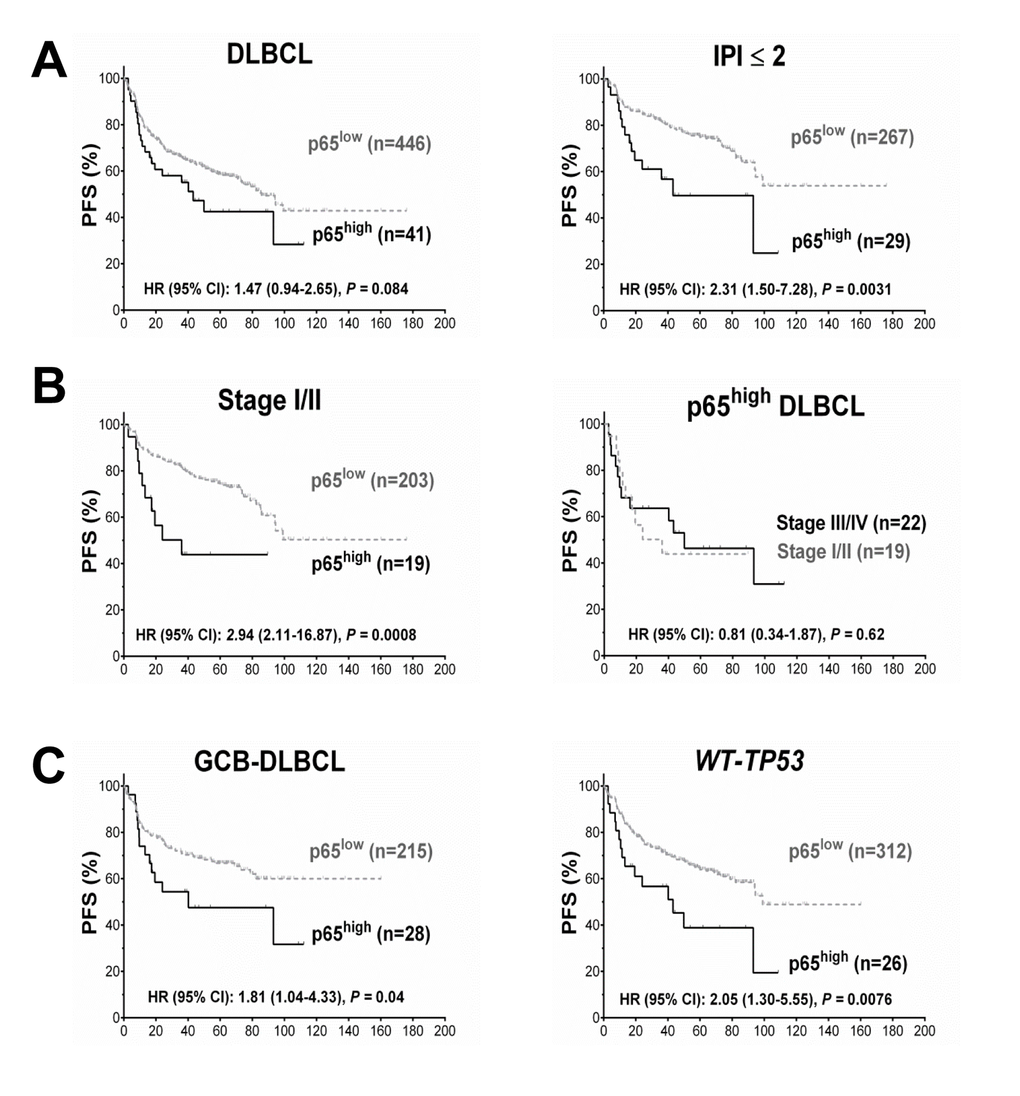 Prognosis for p65 hyperactivation in diffuse large B-cell lymphoma (DLBCL). (A) In overall DLBCL, high p65 nuclear expression (p65high, ≥50% nuclear expression) was associated with unfavorable progression-free survival (PFS). The adverse prognostic impact was significant in patients with an international prognostic index score (IPI) ≤2. (B) In patients with stage I/II DLBCL, p65high correlated with significantly poorer PFS. Among p65high DLBCL patients, disease stages did not show further prognostic impact. (C) p65high correlated with significantly poorer PFS in patients with GCB-DLBCL and patients with wild-type TP53 (WT-TP53).