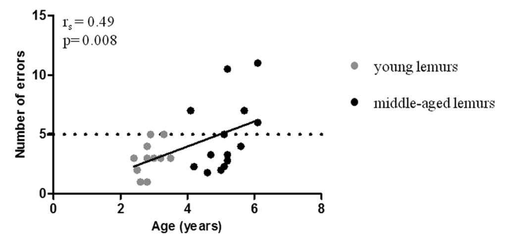 Relationship between spatial memory performance and age. Spatial memory performance as reflected by the number of errors was determined with Barnes maze test and was measured in young (grey symbols, range: 2.4 to 3.5 years old) and middle-aged (black symbols, range: 4.1 to 6.1 years old) mouse lemurs. Spearman correlation of error number and age. The horizontal dotted line illustrates the threshold differentiating good and poor performers.
