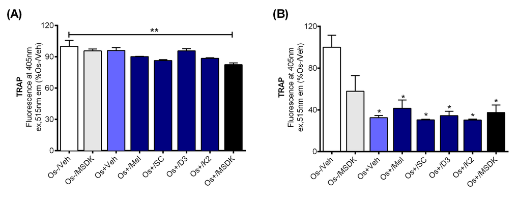 Effect of MSDK on osteoclast differentiation. On day 21 of MSDK exposure, TRAP releasing activity by differentiated, mature osteoclasts was evaluated by quantitative Tartrate Resistant Acid Phosphatase (TRAP) assay on the (A) top chamber cells of transwell co-culture and (B) layered co-culture. Each bar represents the mean fluorescence reading of TRAP (at 405nm ex, 515nm em) for respective groups normalized against Os-/Veh (n=3; Transwell co-culture: **=pp3 (Cholecalciferol), K2= vitamin K2 (MK7).