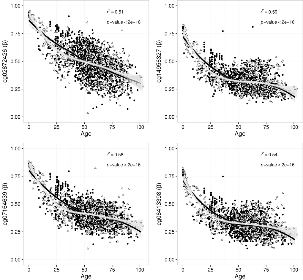 Four DDO promoter CpG sites associated with human age in white blood cells from 2316 samples sourced from the MARMAL-AID methylation repository. Each association is fitted with an overall loess regression model, with the regression statistics shown in the top right of each panel. Points are coloured and shaped to represent both males (black, circles) and females (grey, triangles) separately.