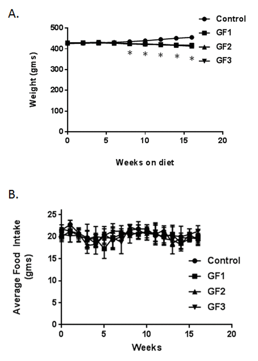 Animal weights and food intake. Animals were fed a standard diet of NIH-31 or diets enriched in GrandFusion (NF-216,GF1; NF-316, GF2; or NF-416, GF3). (A) Animals were weighed starting on month 18 and for 16 weeks after starting the diet. (B) Average food intake was determined every week after start of the diets. Values are means, with their standard errors represented by vertical bars. N = 20 per group. *P