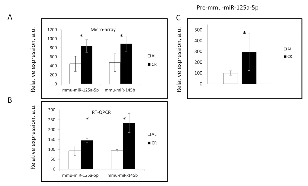 30% CR affected the MicroRNA expression in mouse liver. The expression of indicated miRNAs was assayed using (A) microarray hybridization and (B) Taqman PCR assay in the liver of AL (Open bars) and CR mice (Black bars). * - statistically significant difference (p