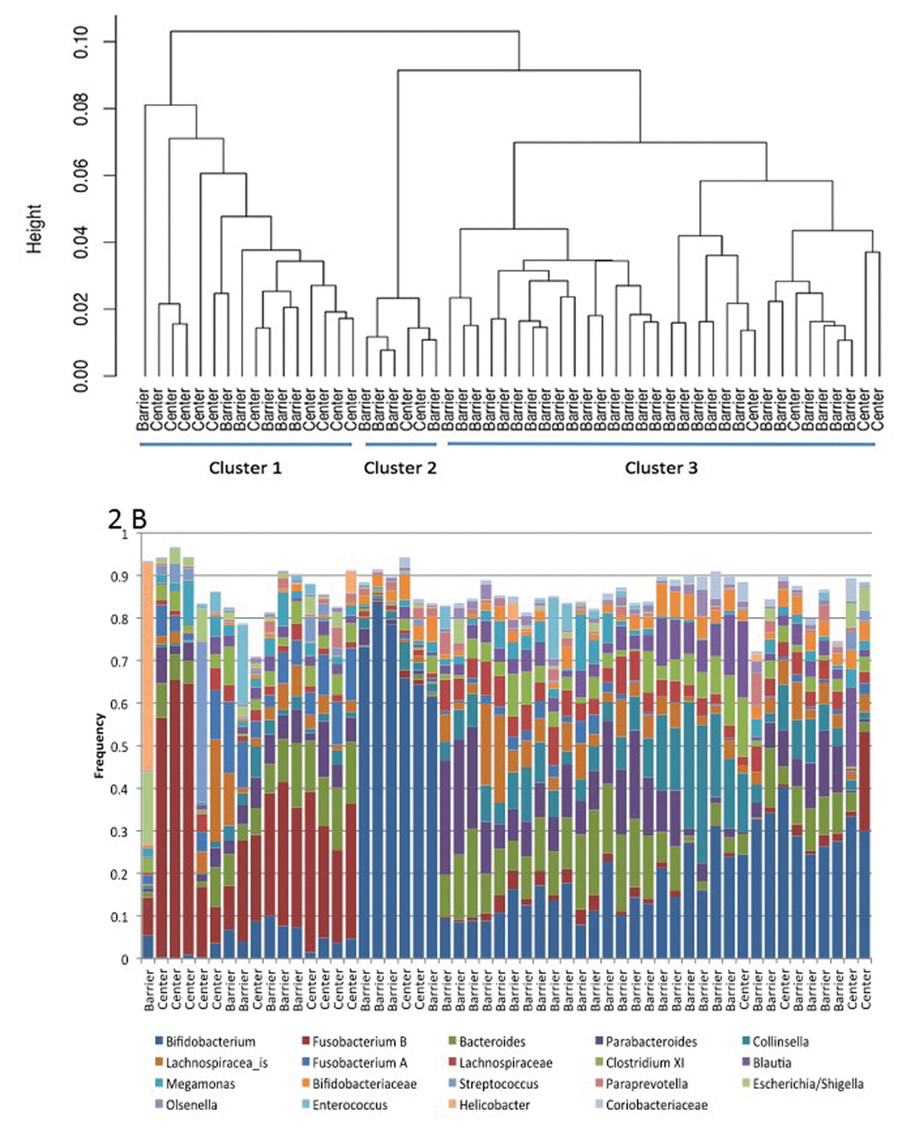 (A) Hierarchical clustering of marmoset gastrointestinal microbiomes from Barshop SPF barrier colony (Barrier) and the conventionally housed SNPRC colony (Center). (B) Frequency of taxa used in the cluster analysis, ordered by position in (A).