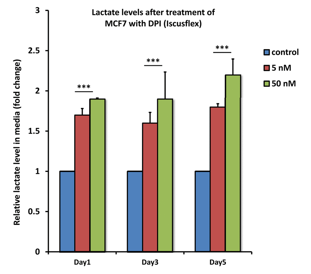 DPI drives the production of L-lactate. After treatment with DPI (5 or 50 nM) for 1, 3 or 5 days, the cell culture media from MCF7 cells was subjected to analysis using the ISCUS-flex microdialysis analyser, to directly measure L-lactate content. Note that DPI induces significant L-lactate production, nearly doubling the amount of lactate as early as 1 day of treatment, using only 5 nM DPI. *** p