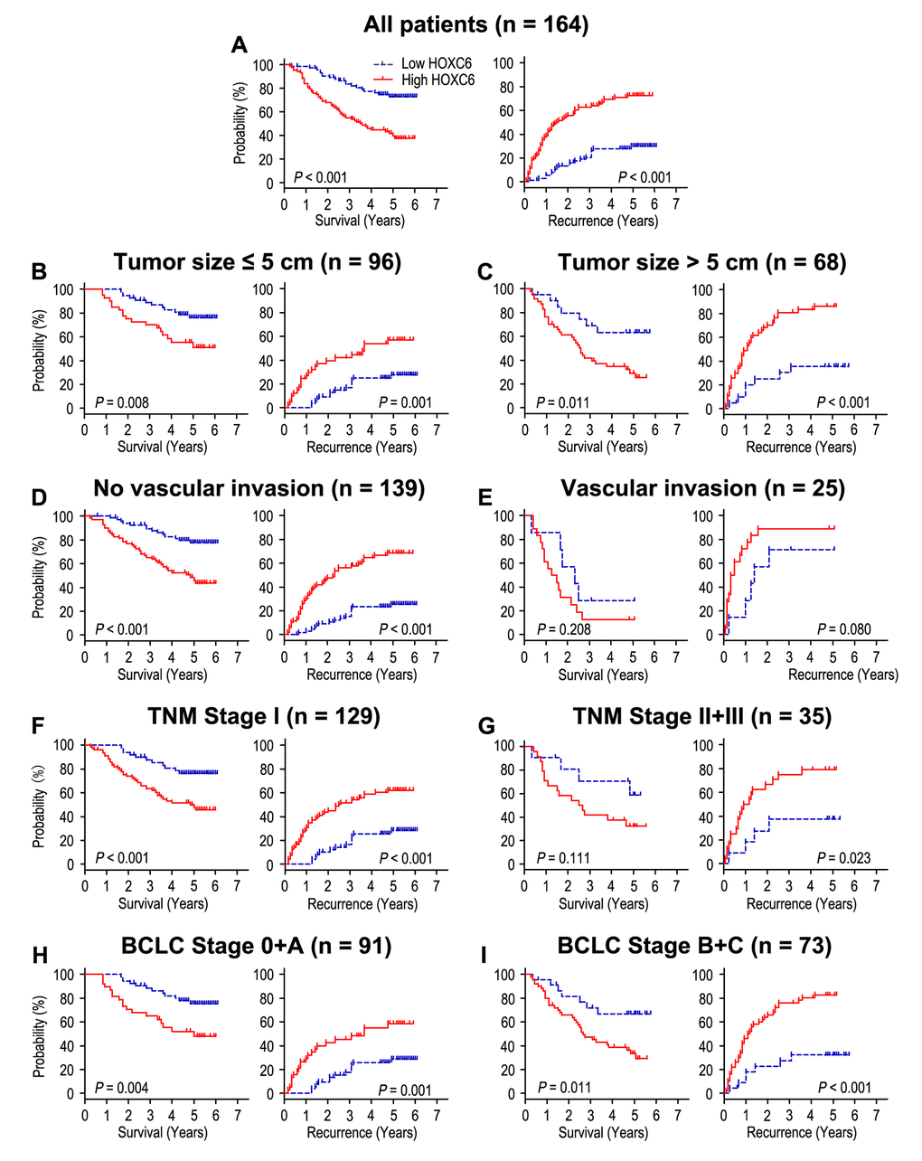 Overall survival and time to recurrence are shown for patients with HCC. All patients were classified according to tumor size, vascular invasion, TNM stage and BCLC stage. Kaplan-Meier survival estimates and log-rank tests were used to analyze the prognostic value of HOXC6 expression in all patients (A) and each subgroup (B-I).