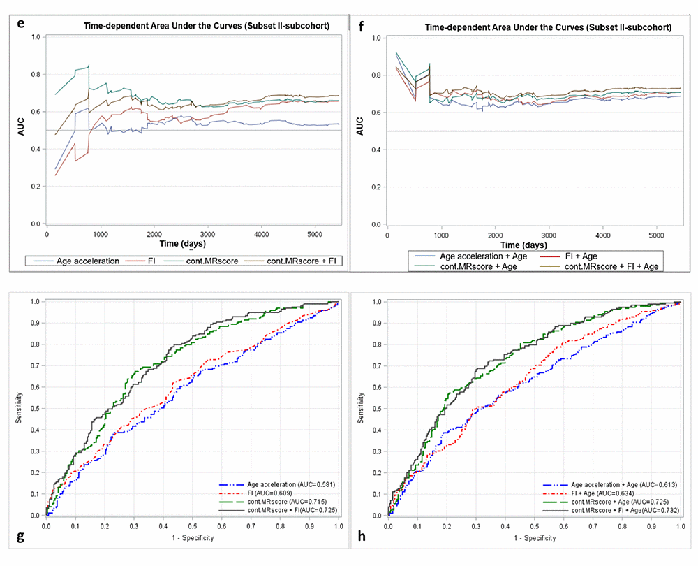 Predictive performance of methylomic survival predictors and frailty index. (e) time-dependent AUCs of methylomic survival predictors and frailty index in subcohort of subset II; (f) time-dependent AUCs of combination of age with methylomic survival predictors and frailty index in subcohort of subset II; (g) AUCs of methylomic survival predictors and frailty index in subset III; (h) AUCs of combination of age with methylomic survival predictors and frailty index in subset III.