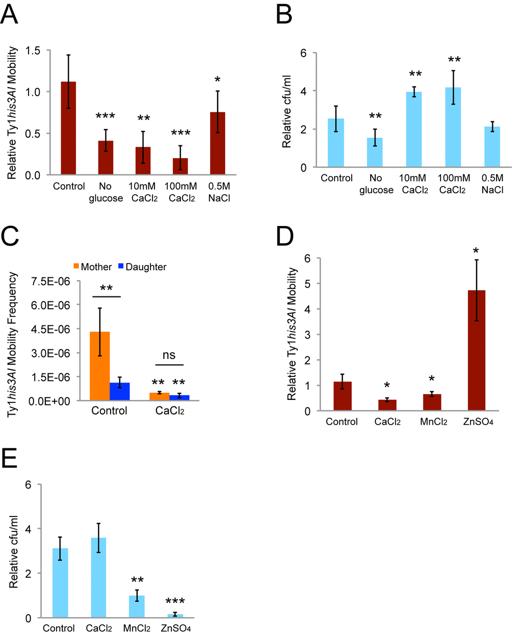 Growth in medium with a high calcium concentration abolishes mother-daughter retromobility asymmetry. (A) Relative His+ frequencies after eight-hour incubations in conditions known to induce P-bodies normalized to the frequencies immediately prior to the eight-hour incubations. Results are for 11 control trials and three to seven trials in the other conditions. (B) Colony forming units (cfu) per mL after the eight-hour incubations normalized to the cfu/mL immediately prior to the incubations for the trials shown in panel A. (C) His+ frequencies for sorted mother and daughter cells without (six trials) or with (four trials) chronic exposure to 100 mM calcium chloride. Control data are the same as from Fig. 2B. (D) Relative His+ frequencies after eight-hour incubations in 10 mM calcium chloride, manganese chloride, or zinc sulfate for three trials. (E) Cfu/mL after the eight-hour incubations normalized to the cfu/mL immediately prior to the incubations for the experiments from panel D. All graphs show mean values and standard deviations. Double or triple asterisks indicate p0.05. Asterisks over individual columns indicate differences compared to the control or wild type value. Horizontal bars indicate comparisons between mother and daughter cells.