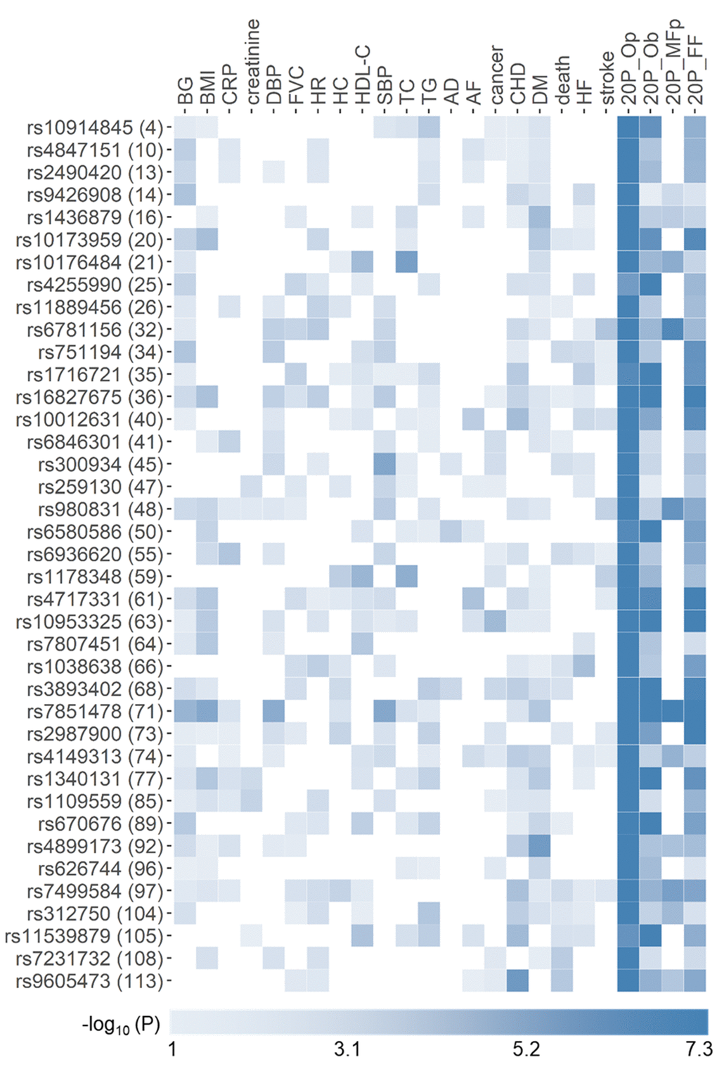 Heat map of phenotype-specific associations for selected pleiotropic SNPs. Data are for 39 novel SNPs with pleiotropic associations in the domains of all 20 phenotypes (20P) from Table 2. Numbers in parentheses are SNP IDs in Table 2. Phenotypes are defined in Table 1. FF, Op, and Ob denote pleiotropic meta-tests either from pathway 1 or 2 based on Fisher test, omnibus test with correlation matrix for phenotypes, and omnibus test with correlation matrix for effect statistics (Fig. 1), respectively. MFp denotes pleiotropic meta-tests from pathway 1 (Fig. 1). Colors code -log10(p-value) trimmed at GW level -log10(5×10-8)=7.3 for better resolution.