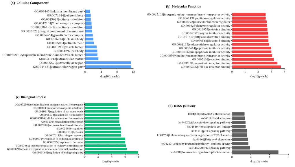 Gene ontology (GO) enrichment and pathway analysis of differentially- expressed mRNAs showing the most significantly enriched (-log10, p-value) GO terms of differentially-expressed mRNAs according to (A) cellular components, (B) molecular functions, and (C) biological processes. (D) The top ten enrichment scores (-log10, p-value) of significantly enriched KEGG pathways.